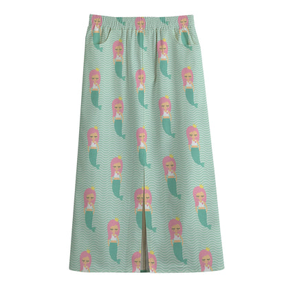 Cute Mermaid Pattern Print Cotton Front Slit Maxi Skirt