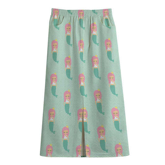 Cute Mermaid Pattern Print Cotton Front Slit Maxi Skirt