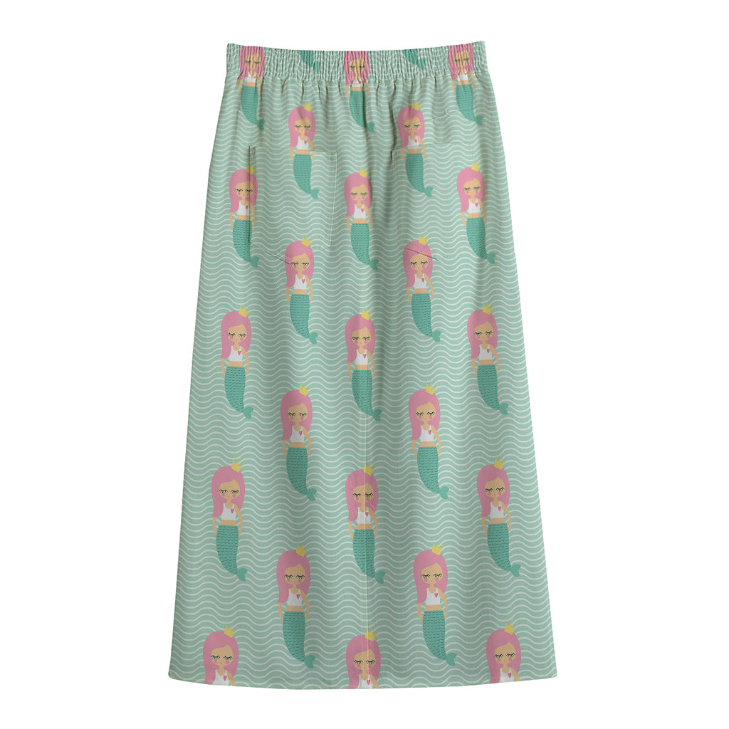 Cute Mermaid Pattern Print Cotton Front Slit Maxi Skirt