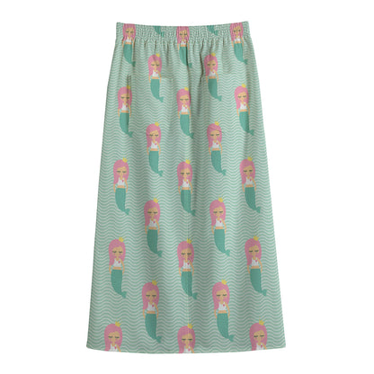 Cute Mermaid Pattern Print Cotton Front Slit Maxi Skirt
