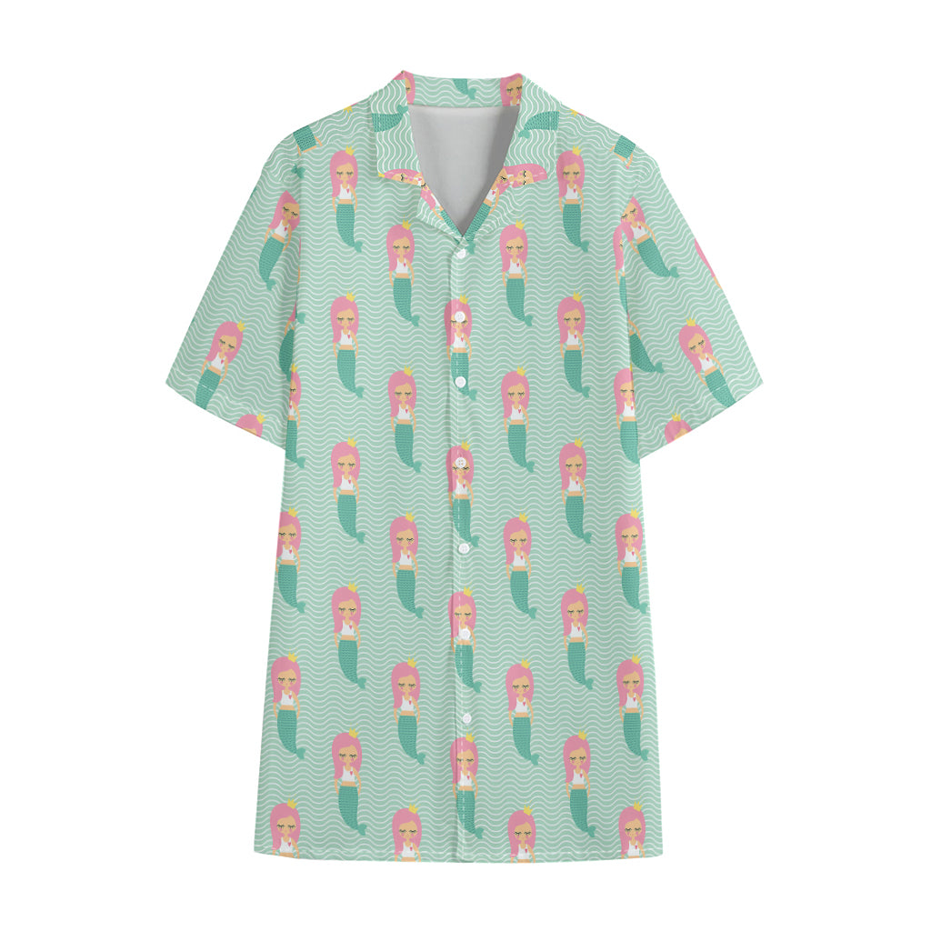 Cute Mermaid Pattern Print Cotton Hawaiian Shirt