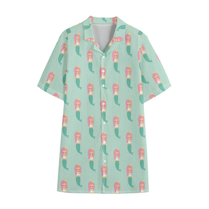 Cute Mermaid Pattern Print Cotton Hawaiian Shirt