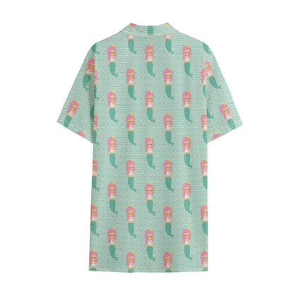 Cute Mermaid Pattern Print Cotton Hawaiian Shirt