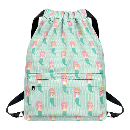 Cute Mermaid Pattern Print Drawstring Backpack