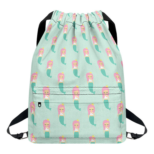 Cute Mermaid Pattern Print Drawstring Backpack