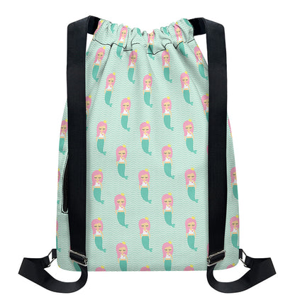 Cute Mermaid Pattern Print Drawstring Backpack