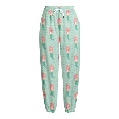 Cute Mermaid Pattern Print Fleece Lined Knit Pants