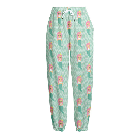 Cute Mermaid Pattern Print Fleece Lined Knit Pants