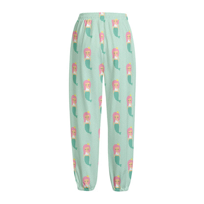 Cute Mermaid Pattern Print Fleece Lined Knit Pants