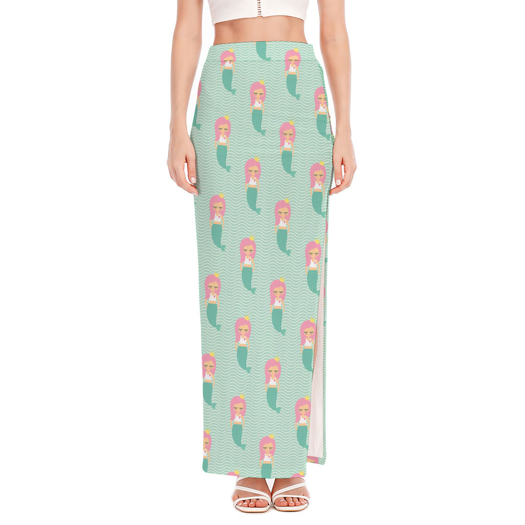 Cute Mermaid Pattern Print High Slit Maxi Skirt