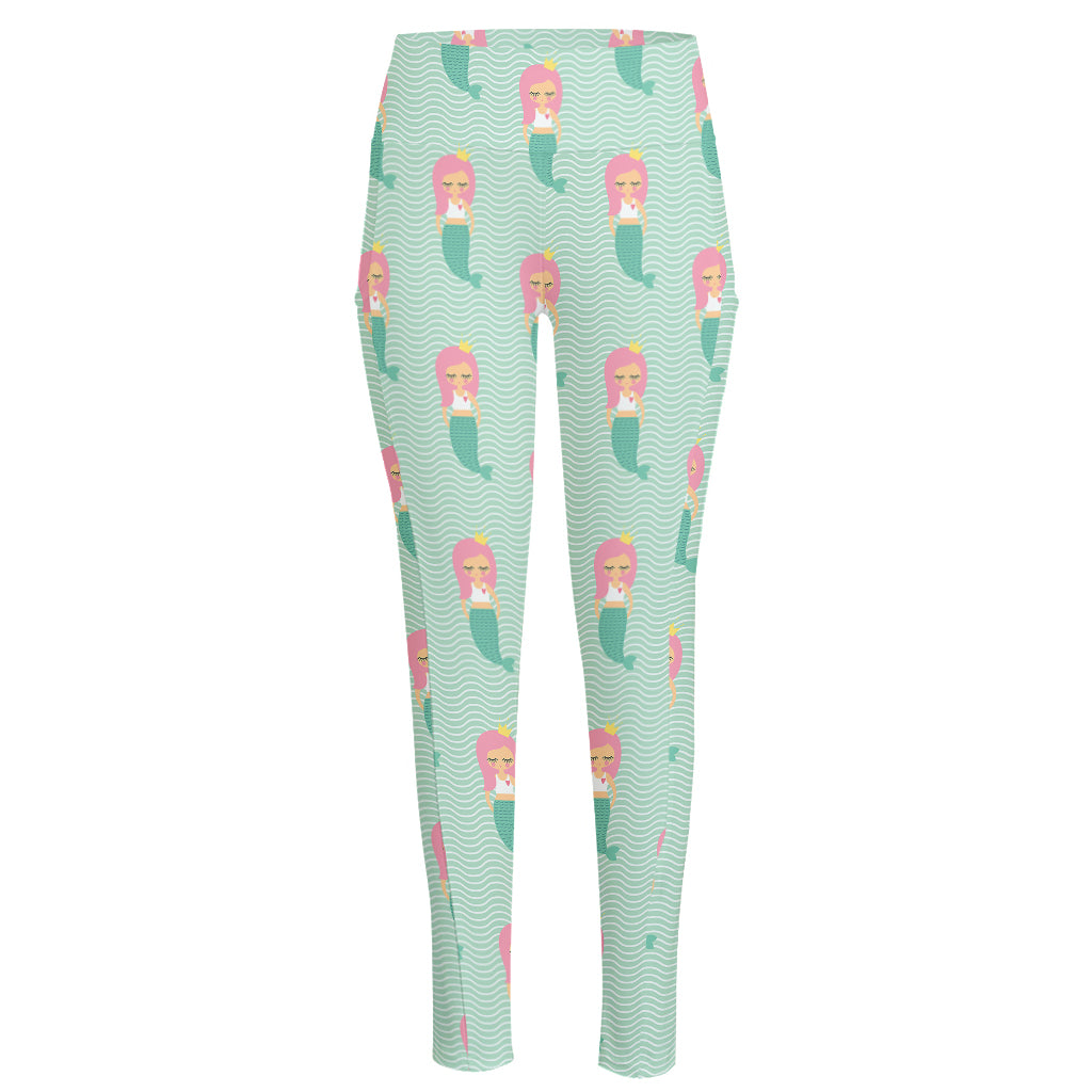 Cute Mermaid Pattern Print High-Waisted Pocket Leggings