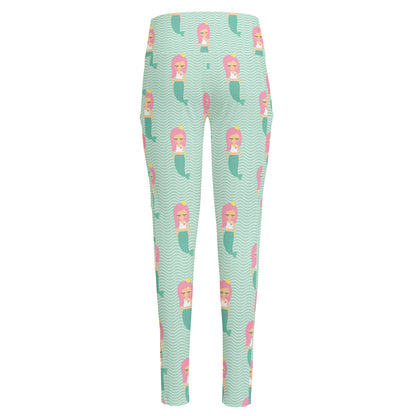 Cute Mermaid Pattern Print High-Waisted Pocket Leggings