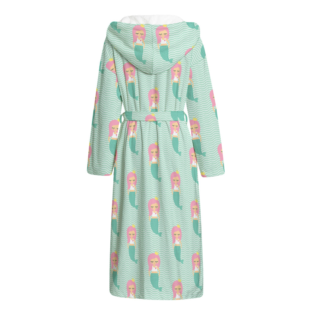 Cute Mermaid Pattern Print Hooded Bathrobe