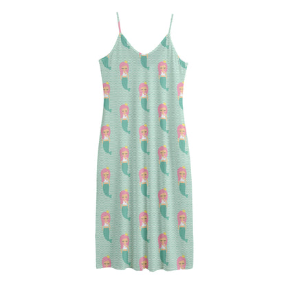 Cute Mermaid Pattern Print Jersey Midi Cami Dress