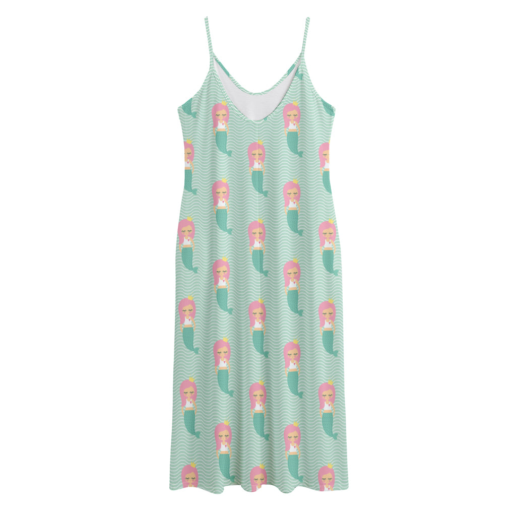 Cute Mermaid Pattern Print Jersey Midi Cami Dress