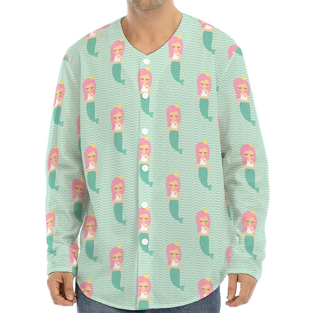 Cute Mermaid Pattern Print Long Sleeve Baseball Jersey