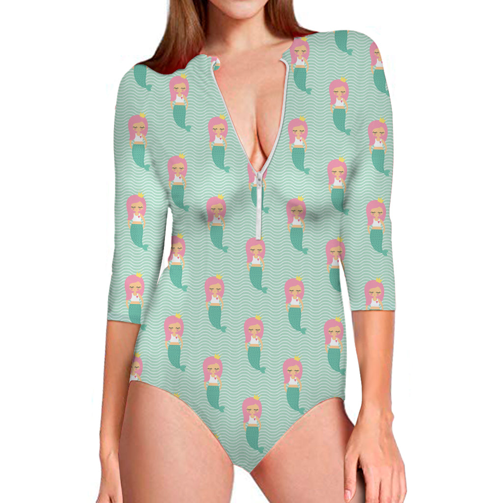 Cute Mermaid Pattern Print Long Sleeve Swimsuit