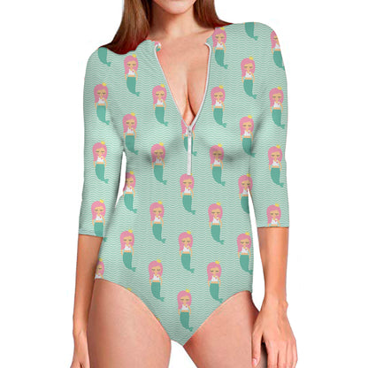 Cute Mermaid Pattern Print Long Sleeve Swimsuit