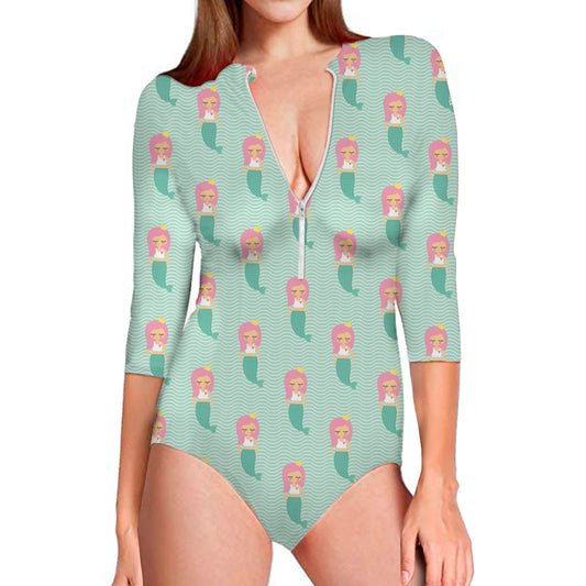 Cute Mermaid Pattern Print Long Sleeve Swimsuit