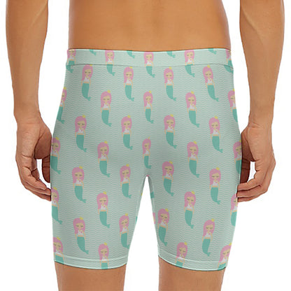 Cute Mermaid Pattern Print Men's Long Boxer Briefs