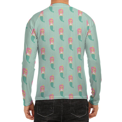 Cute Mermaid Pattern Print Men's Long Sleeve Rash Guard