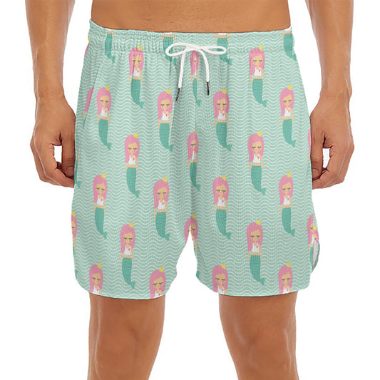 Cute Mermaid Pattern Print Men's Split Running Shorts
