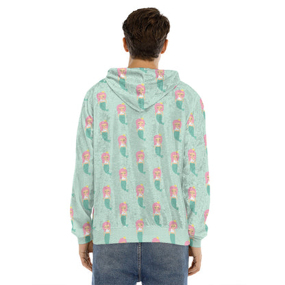 Cute Mermaid Pattern Print Men's Velvet Pullover Hoodie