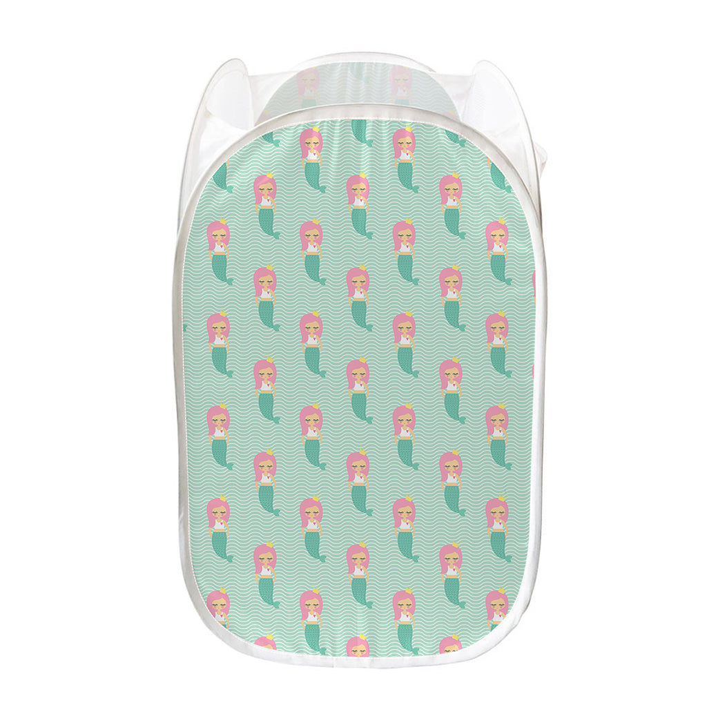 Cute Mermaid Pattern Print Mesh Laundry Hamper