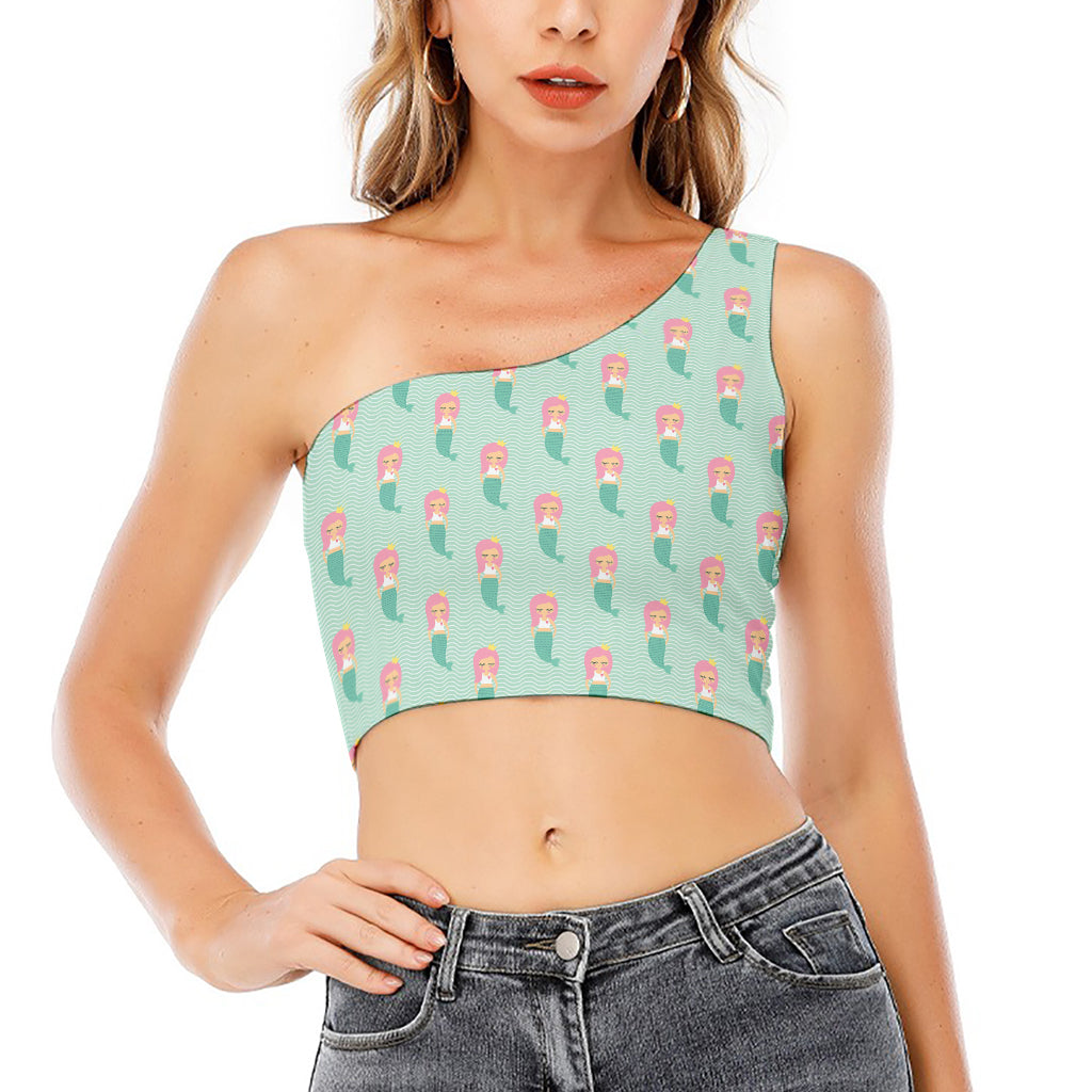 Cute Mermaid Pattern Print One Shoulder Crop Top