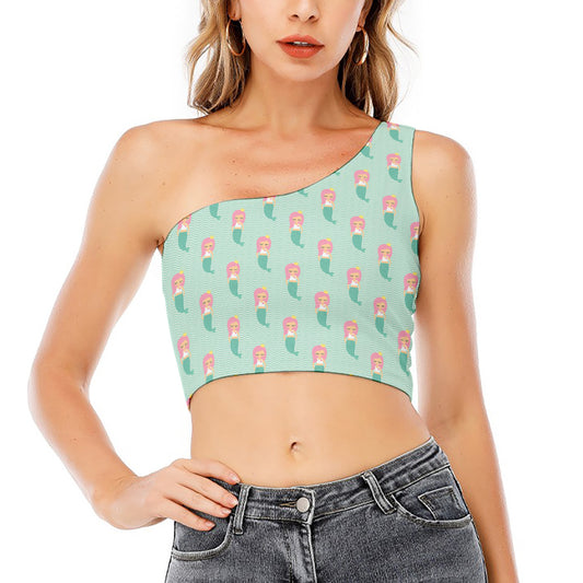 Cute Mermaid Pattern Print One Shoulder Crop Top