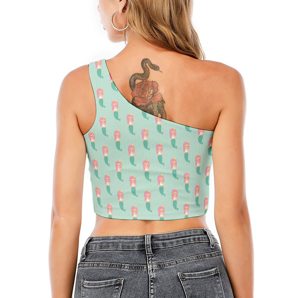 Cute Mermaid Pattern Print One Shoulder Crop Top