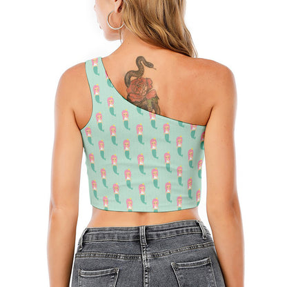 Cute Mermaid Pattern Print One Shoulder Crop Top