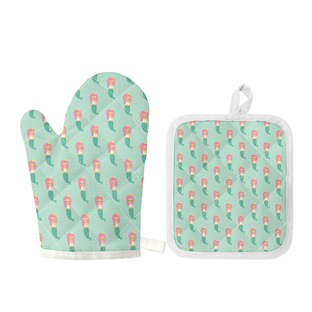 Cute Mermaid Pattern Print Oven Mitt And Pot Holder Set