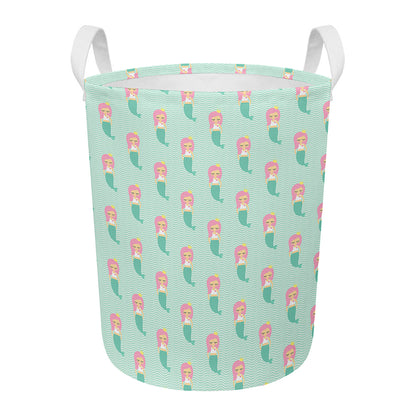 Cute Mermaid Pattern Print Round Laundry Basket
