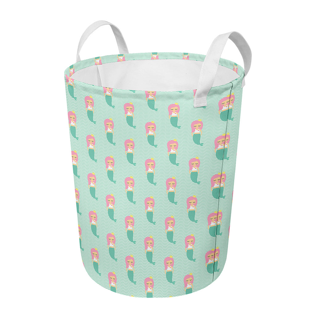 Cute Mermaid Pattern Print Round Laundry Basket