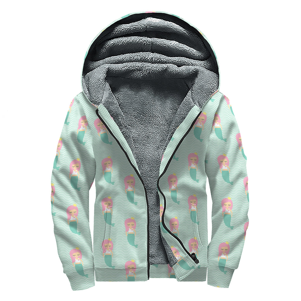 Cute Mermaid Pattern Print Sherpa Lined Zip Up Hoodie