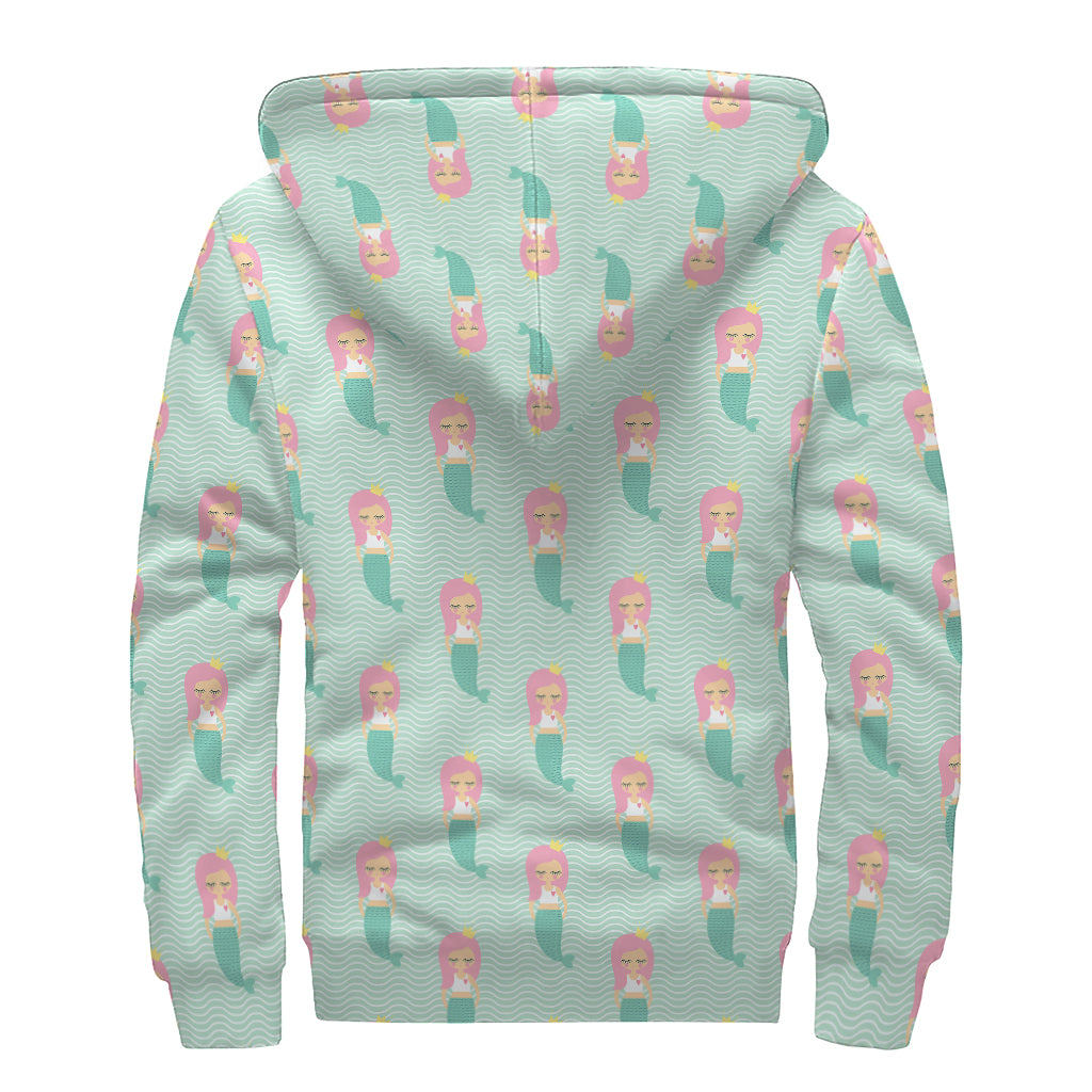 Cute Mermaid Pattern Print Sherpa Lined Zip Up Hoodie