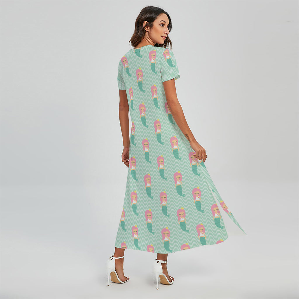 Cute Mermaid Pattern Print Short Sleeve Maxi Dress