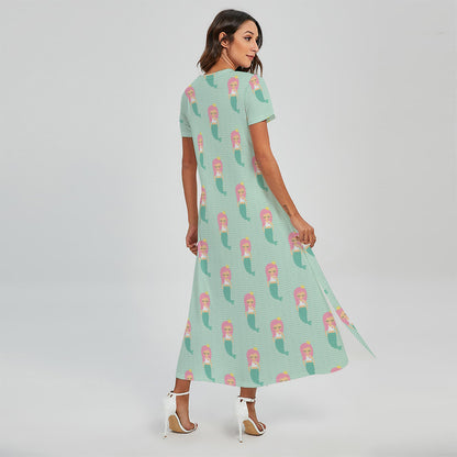 Cute Mermaid Pattern Print Short Sleeve Maxi Dress