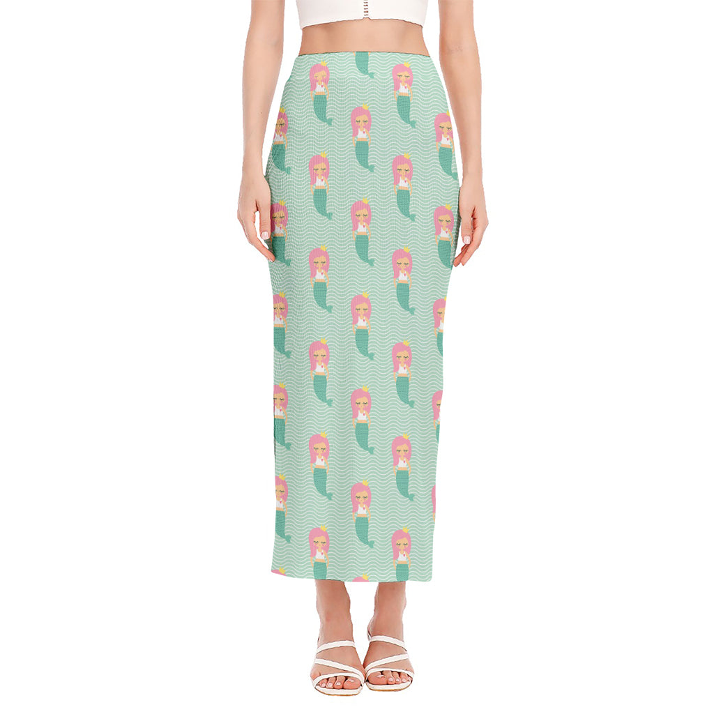 Cute Mermaid Pattern Print Side Slit Maxi Skirt