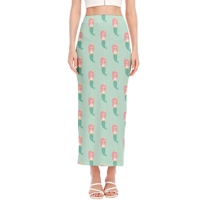 Cute Mermaid Pattern Print Side Slit Maxi Skirt