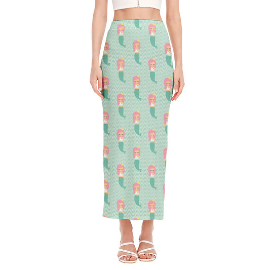 Cute Mermaid Pattern Print Side Slit Maxi Skirt