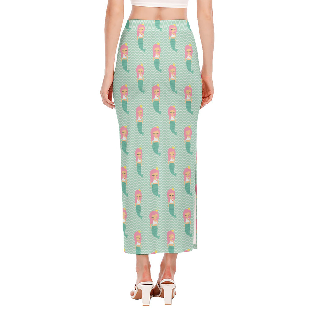 Cute Mermaid Pattern Print Side Slit Maxi Skirt