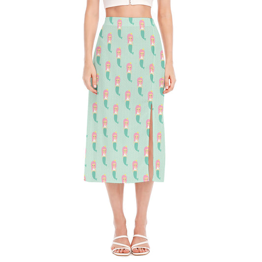 Cute Mermaid Pattern Print Side Slit Midi Skirt