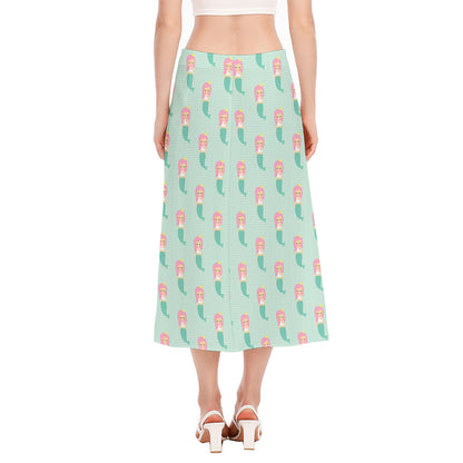 Cute Mermaid Pattern Print Side Slit Midi Skirt