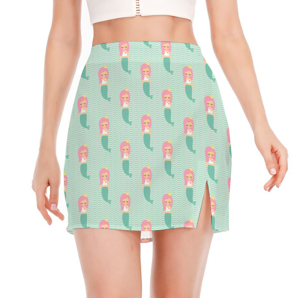 Cute Mermaid Pattern Print Side Slit Mini Skirt
