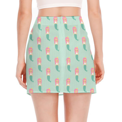Cute Mermaid Pattern Print Side Slit Mini Skirt