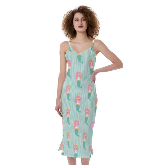 Cute Mermaid Pattern Print Slim Fit Midi Cami Dress