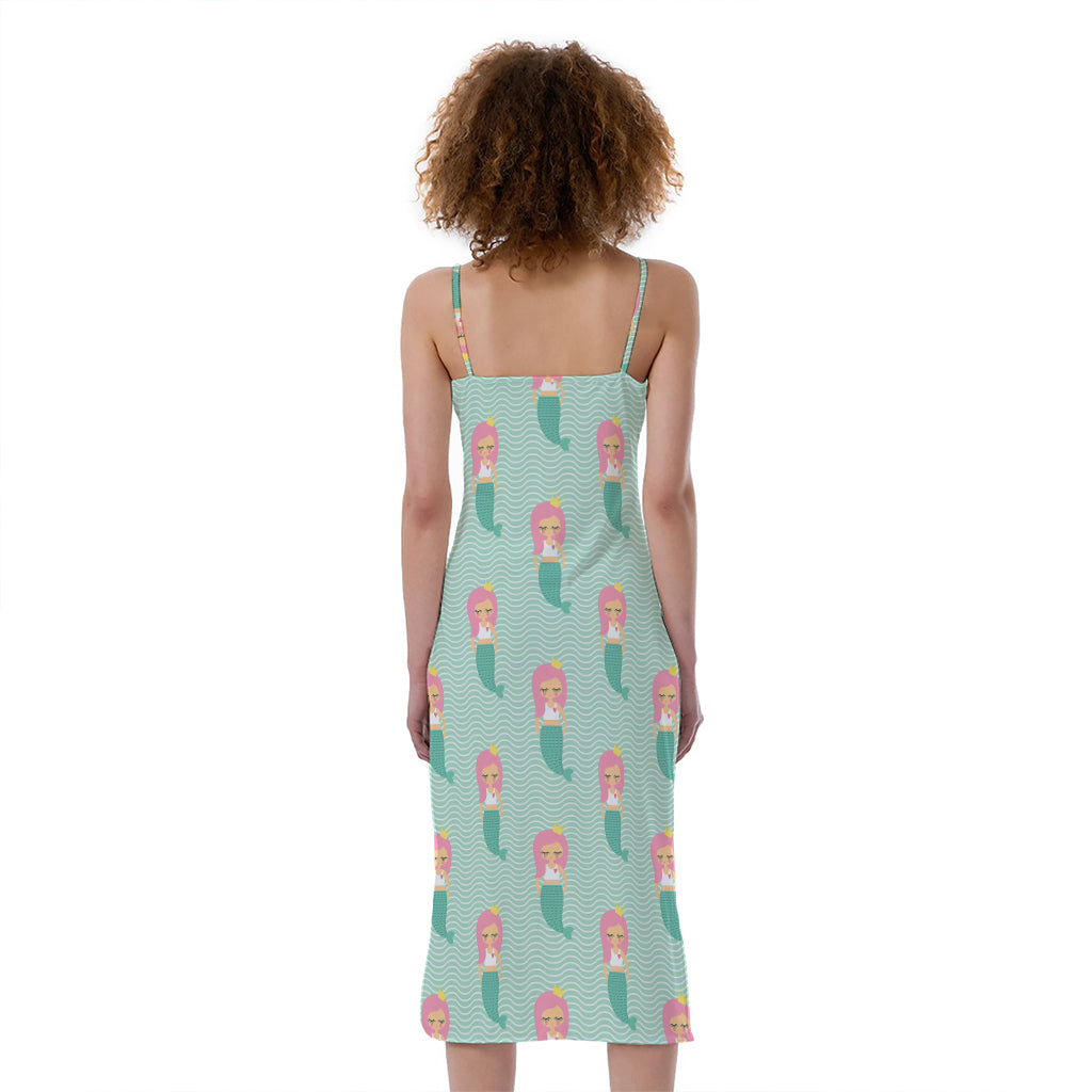 Cute Mermaid Pattern Print Slim Fit Midi Cami Dress