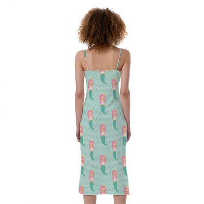 Cute Mermaid Pattern Print Slim Fit Midi Cami Dress